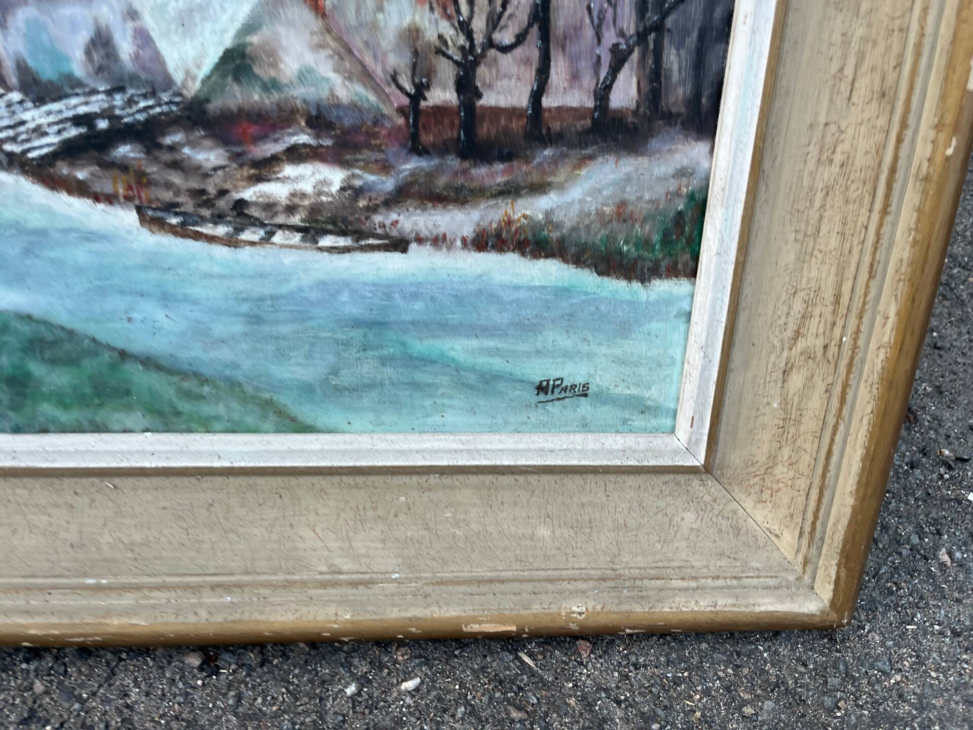 Tableau huile paysage hiver neige village signe H. Paris - Cadre