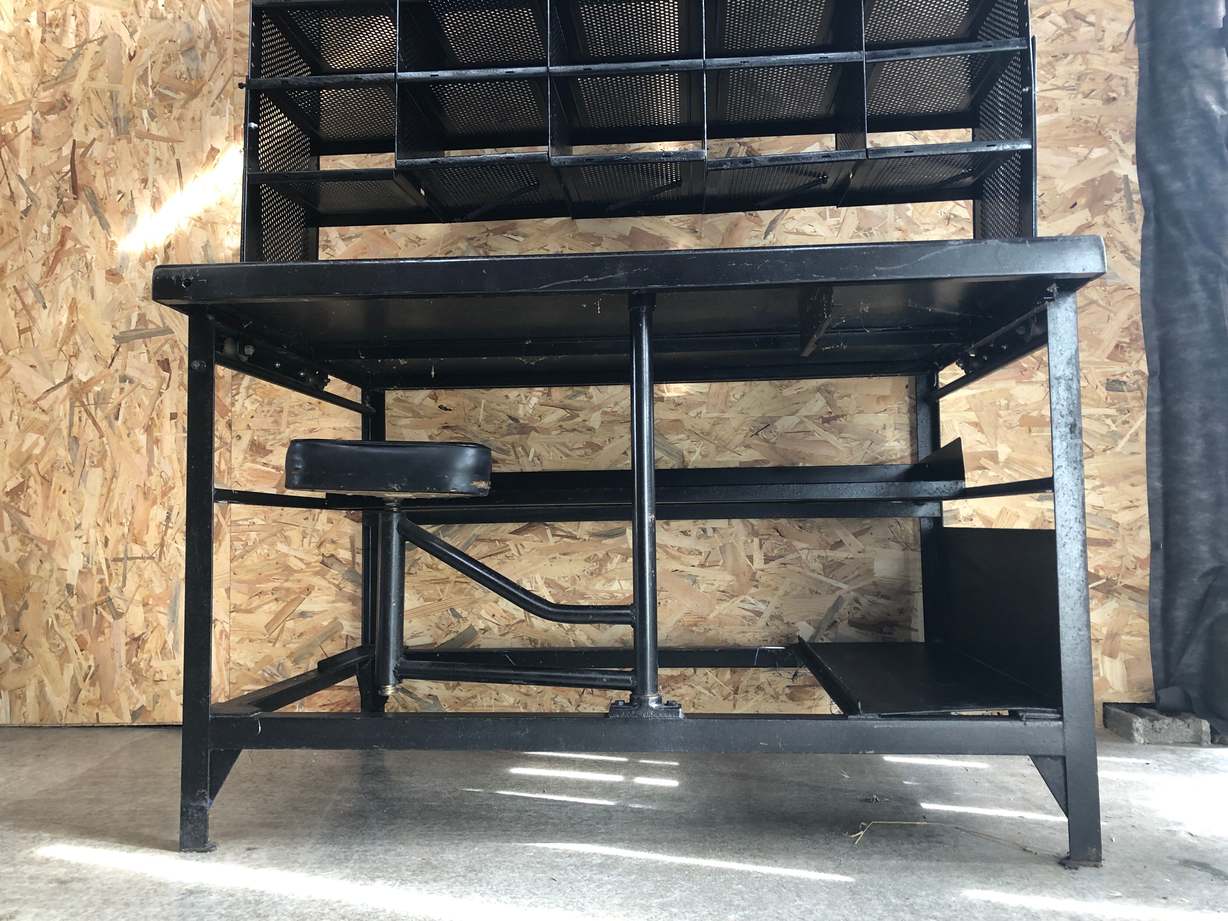 Old black metal postal sorting furniture + 30 perforated lockers + vintage stool