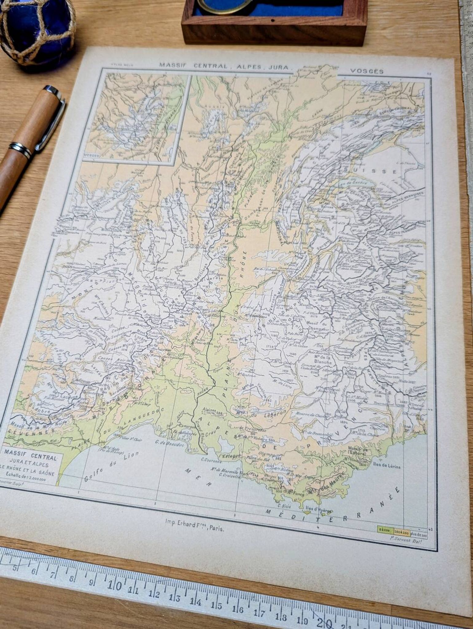 Map of the mountain ranges of France, original printed in 1896