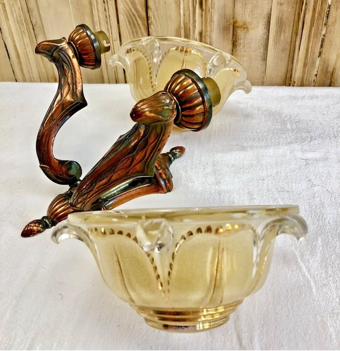 Wall lamp double fires copper metal art deco glassware ezan opalescent gilded
