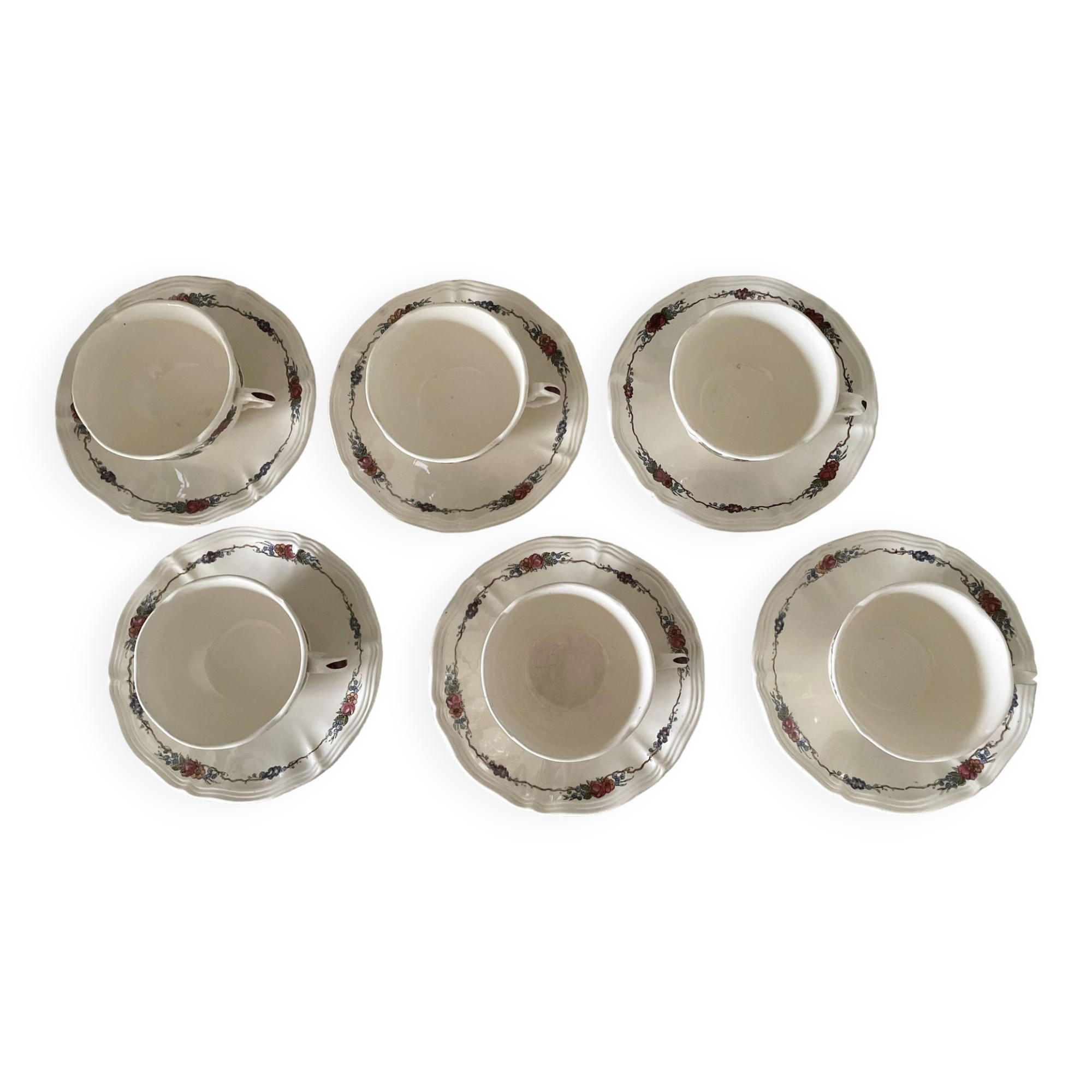 Lot De 6 Tasses Et Sous-tasses Arcopal - Motif Voitures Anciennes Années 70, Vintage, Occasion