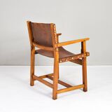 19th century oak and cognac leather brutalist castellana spanish armchair