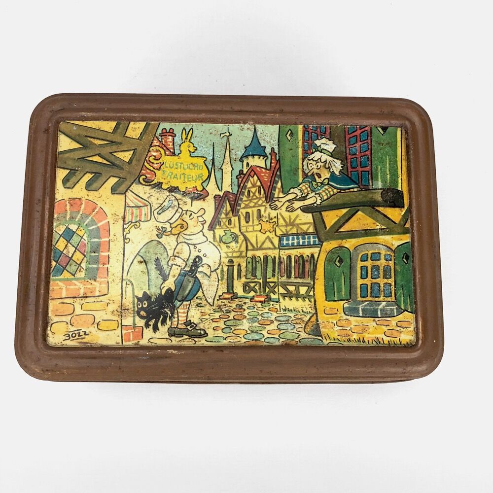 Antique lithographed tin biscuit tins