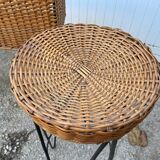 Vintage 1950s bar counter with two rattan and metal stools