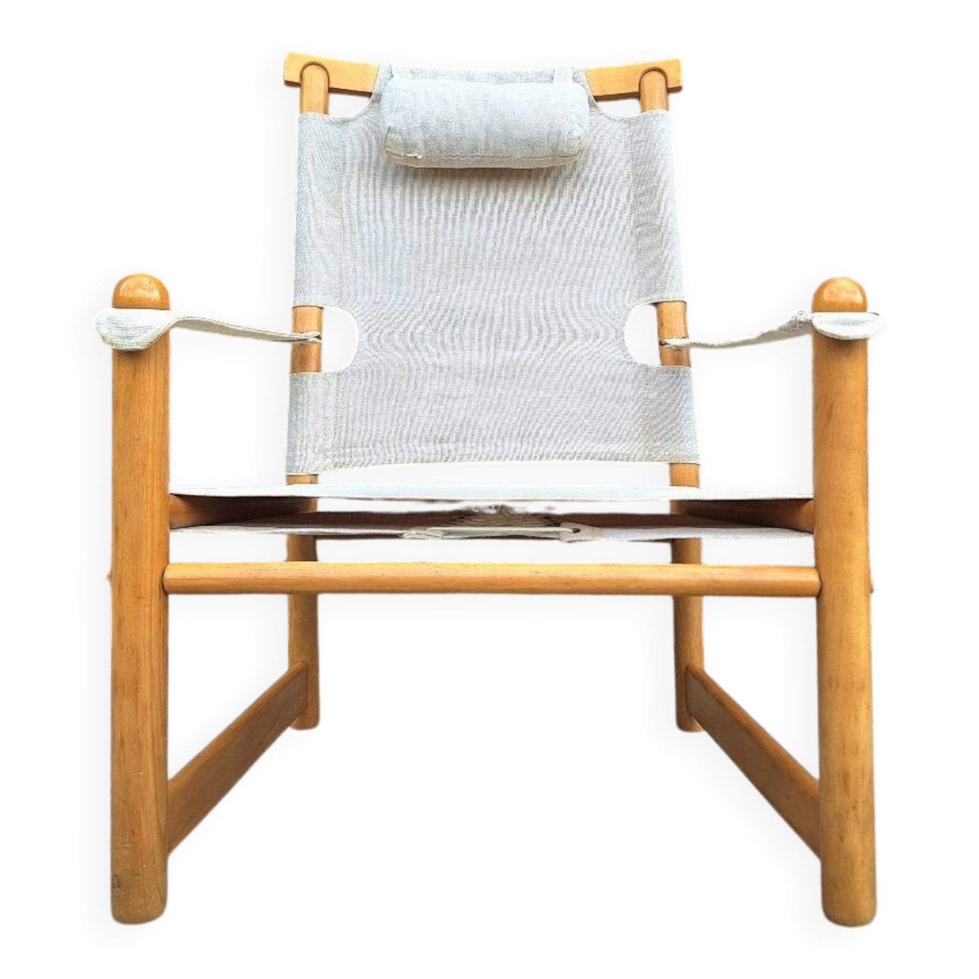 Vintage safari armchair, antique elm and linen seat furniture
