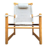 Fauteuil safari vintage, meuble siège ancien orme et lin