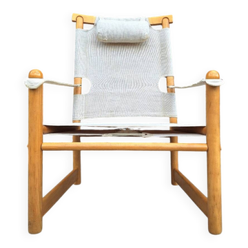 Fauteuil safari vintage, meuble siège ancien orme et lin