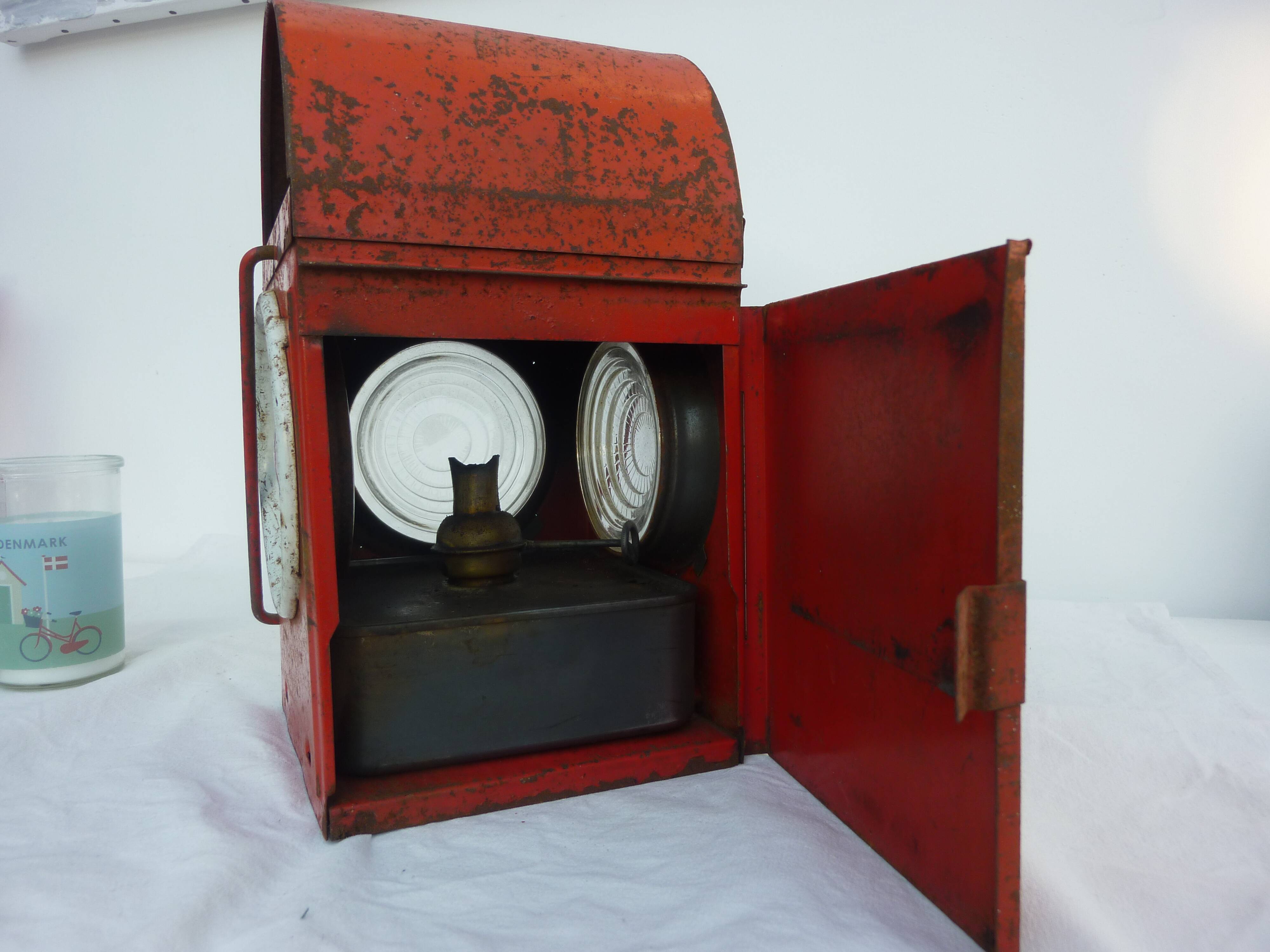 Ancient railway lantern Denmark, station, train, red enamelled sheet metal