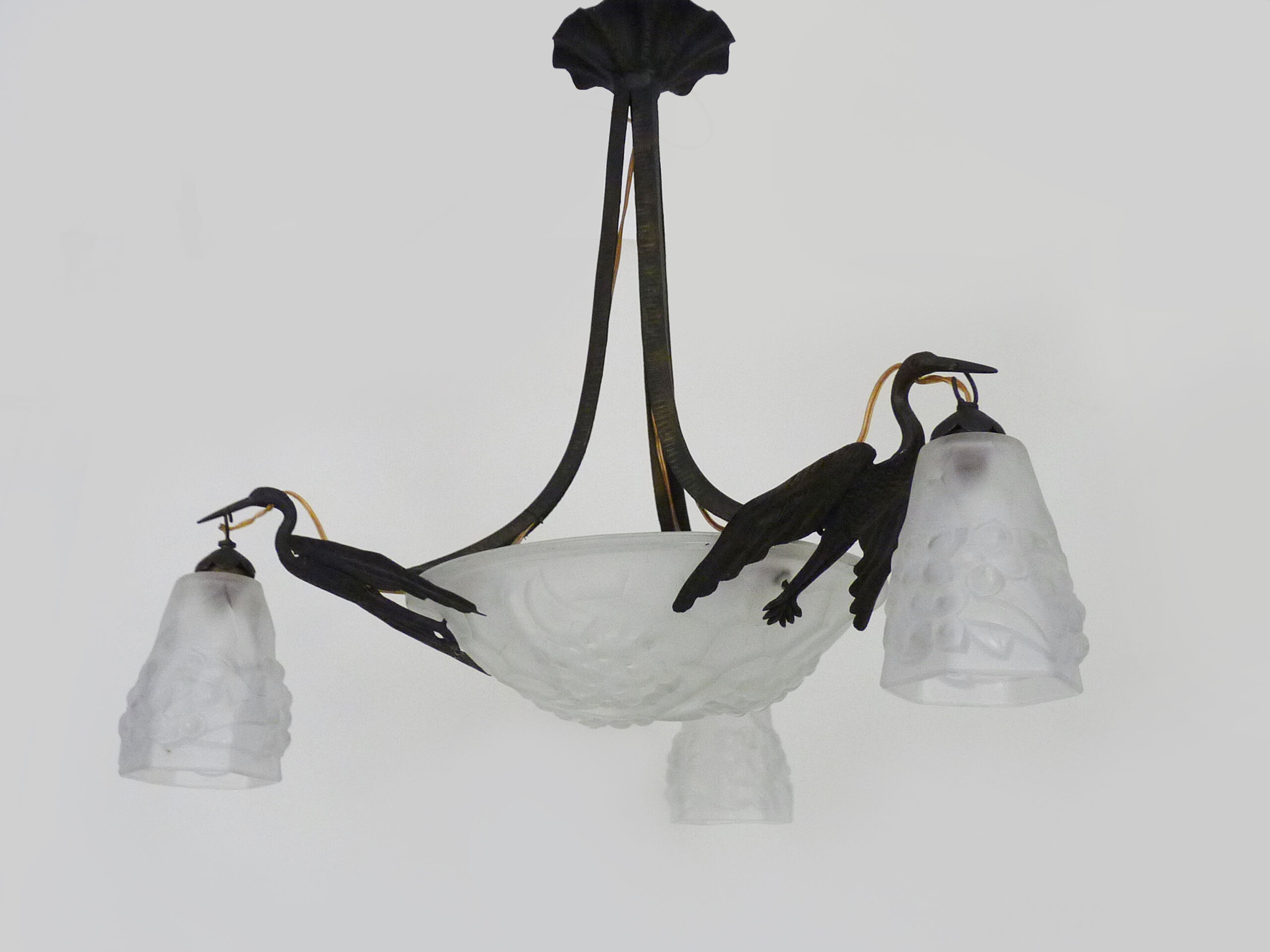 Art deco wrought iron chandelier - signed ros (degué) decoration birds