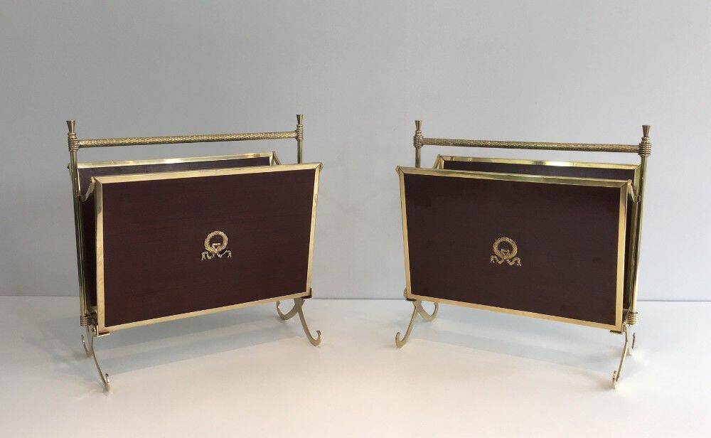 Pair of mahogany and brass magazine racks. Maison Jansen