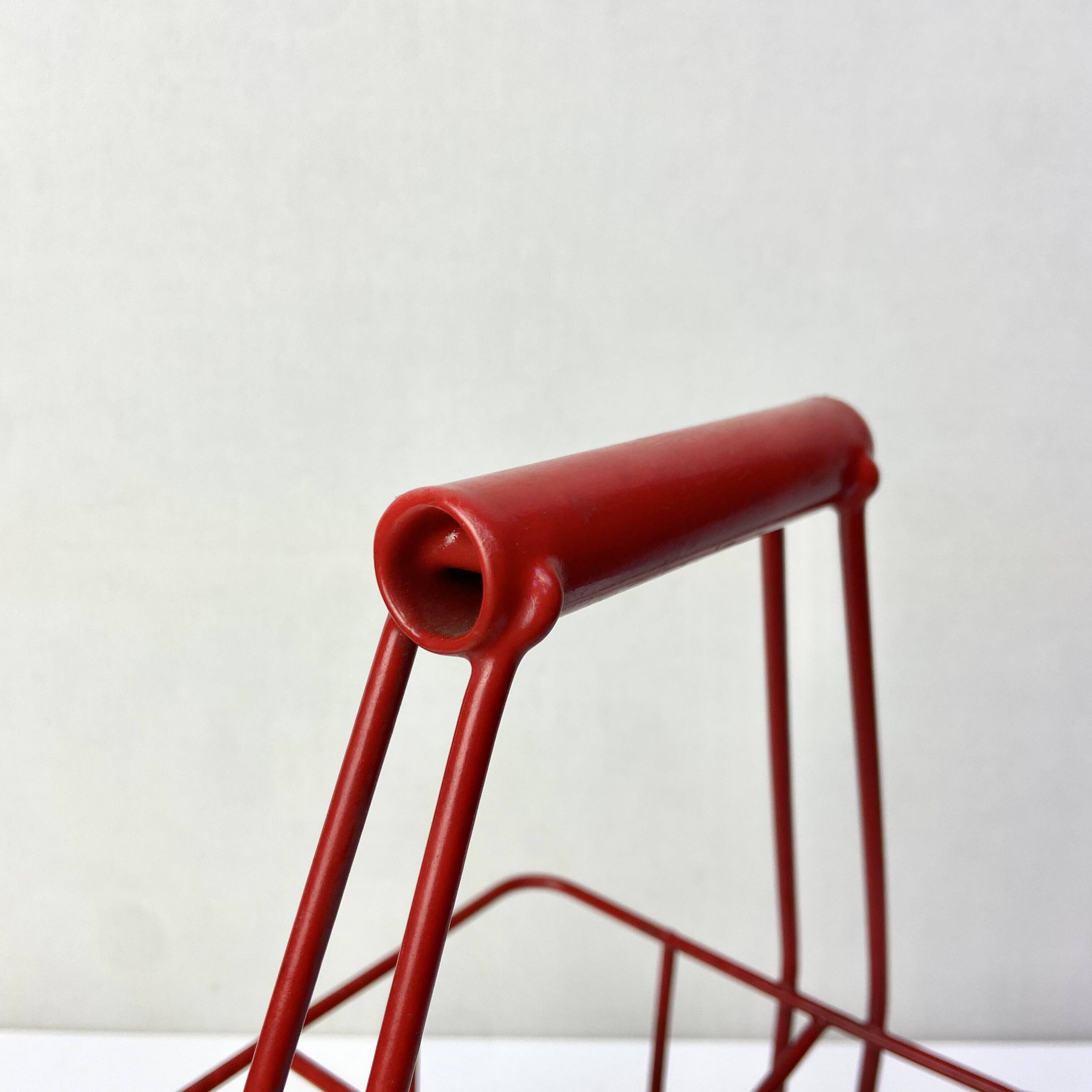 Metal bottle holder basket covered in bright red - caddy for 4 bottles