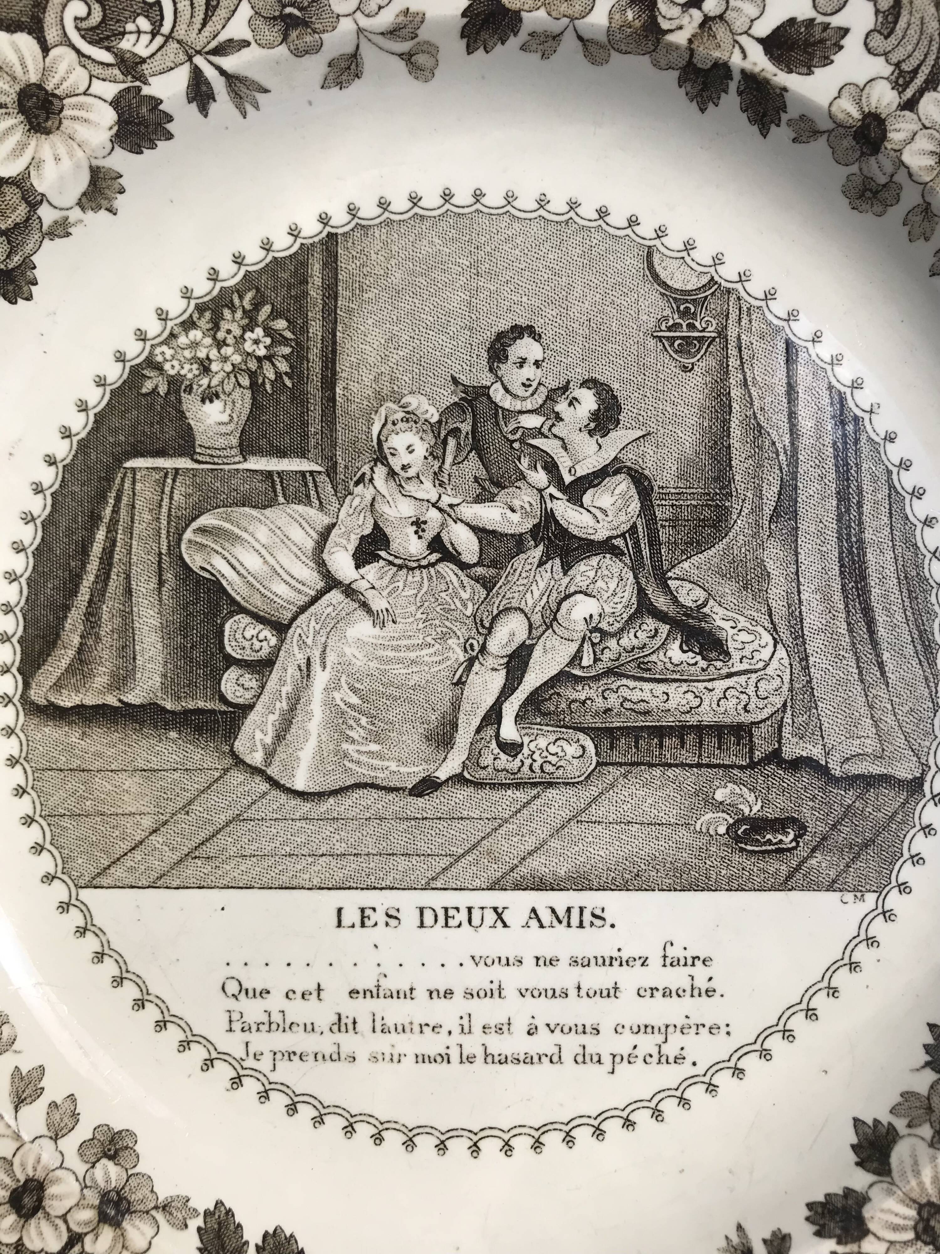 Set of 3 talking plates in Montereau earthenware "Louis Lebeuf Montereau"