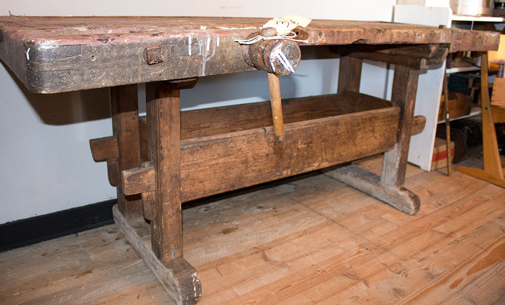 Old solid industrial wooden workbench 2 meters wide