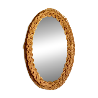 Grand miroir ovale osier tressé 1960