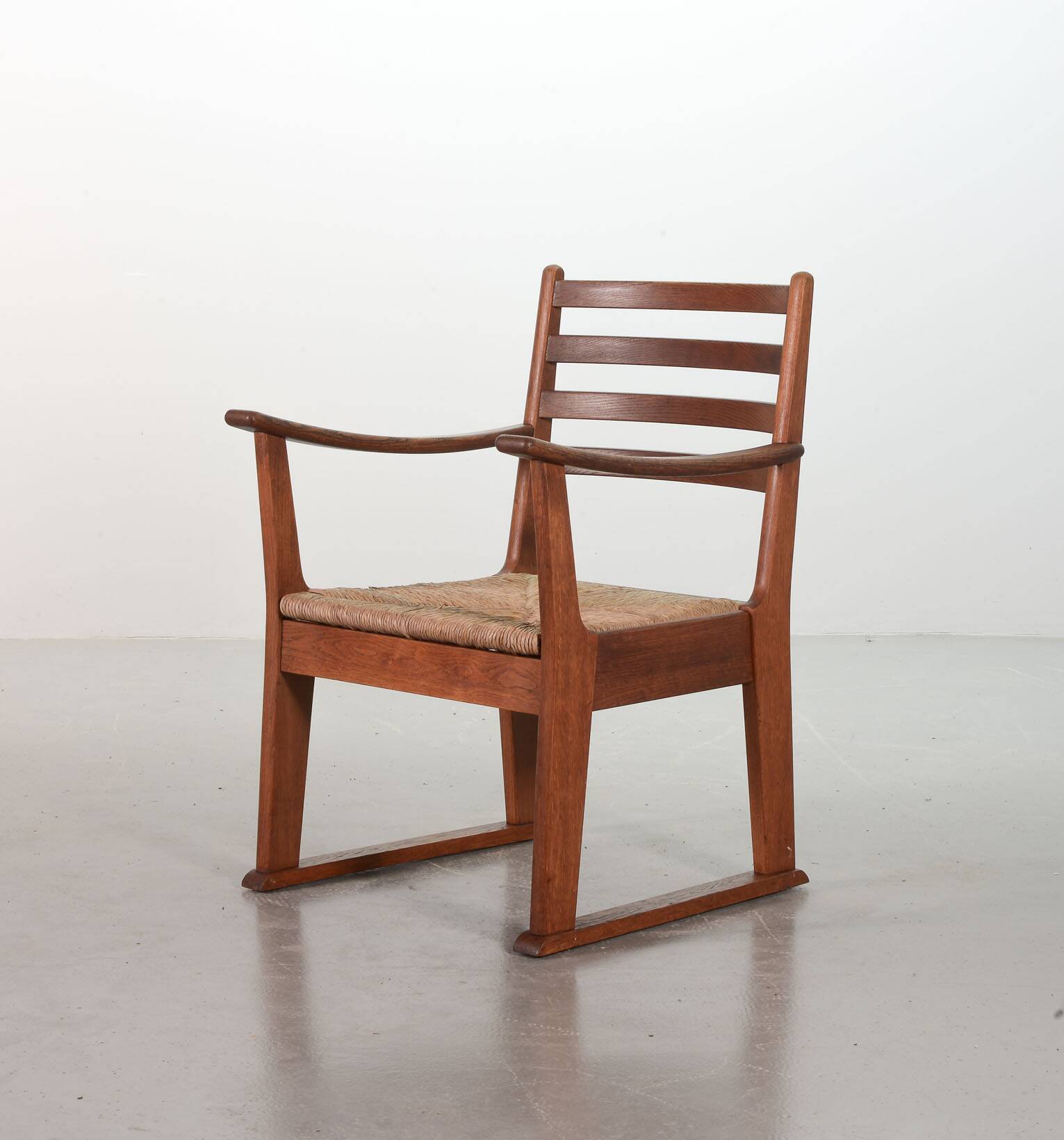 Rare Bas van Pelt Brutalist Oak Armchair with Woven Rush Seat for My Home