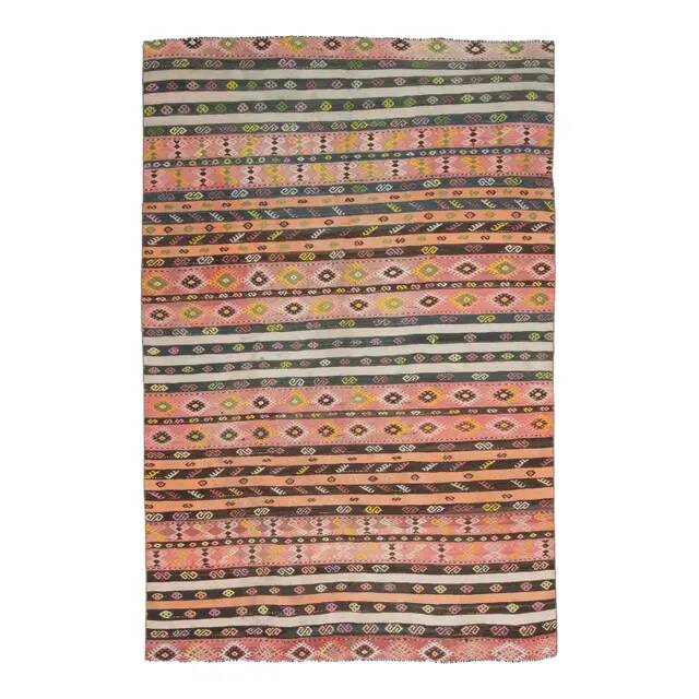Striped Kilim Turkish Vintage Handmade Pink Orange Wool Area Rug 177x268