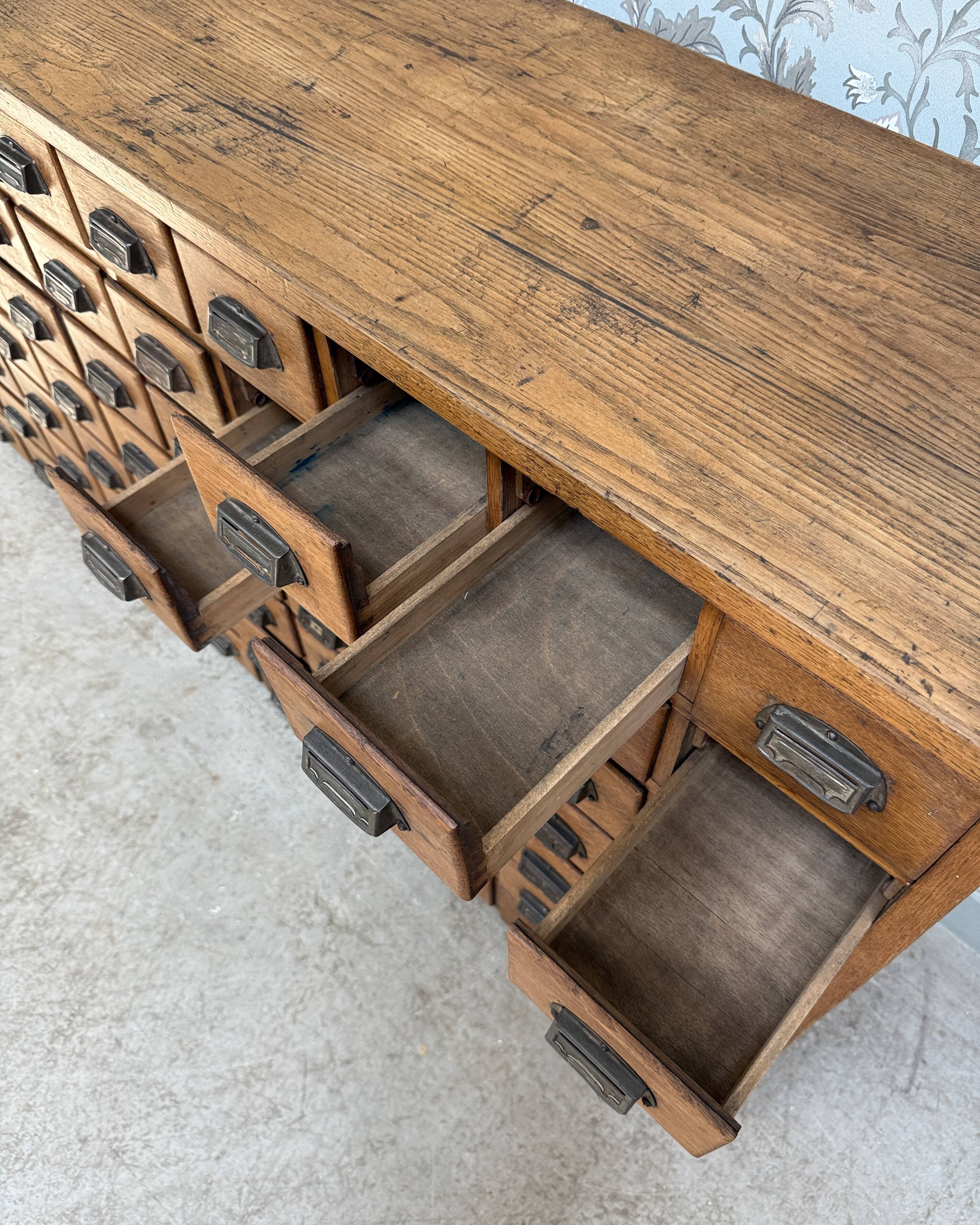 Renovated oak workshop drawer unit.