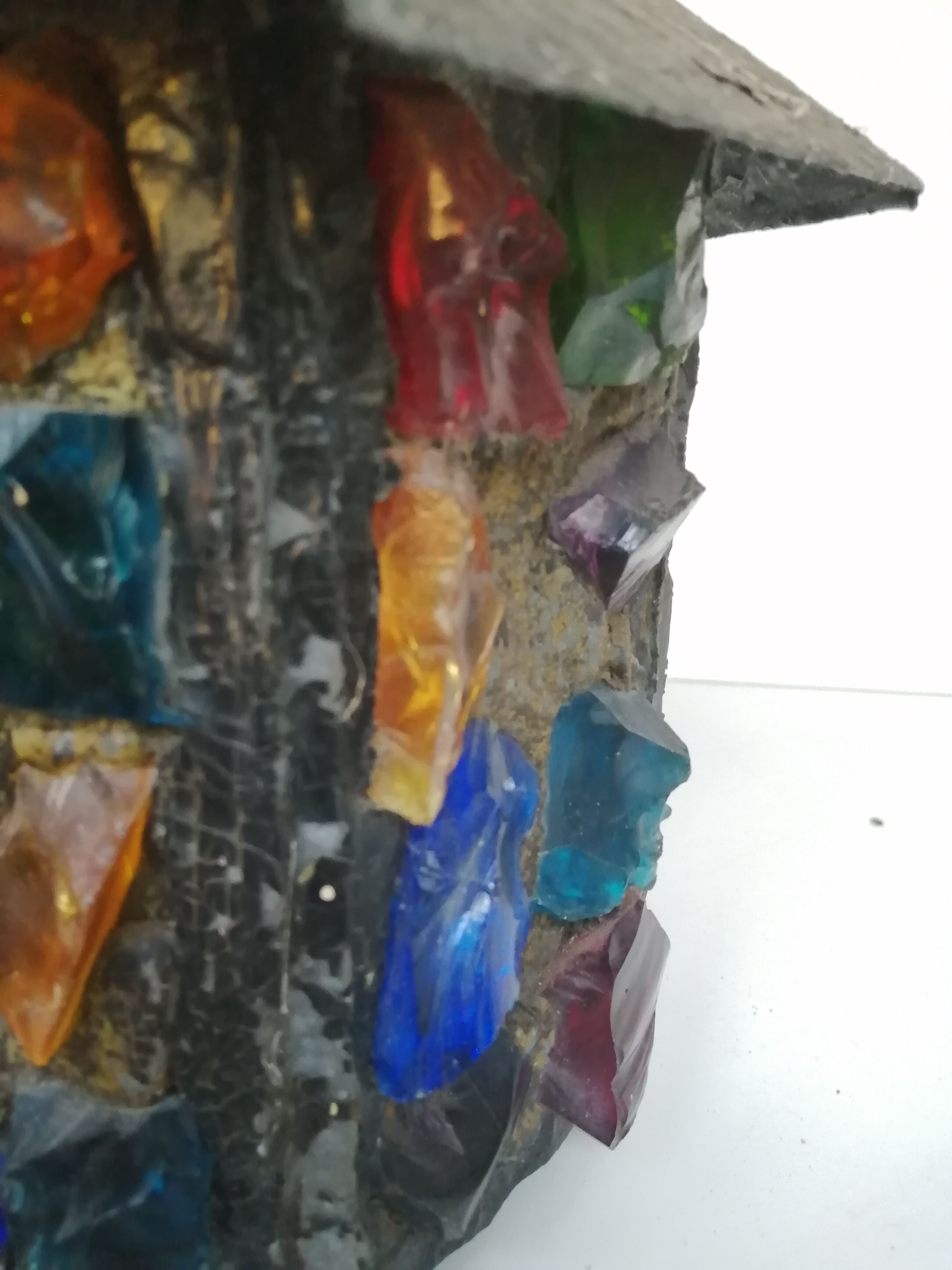 Peter Marsh porch lantern, colored glass, lead and Hammered Sheet metal, 1950s Arts & Crafts