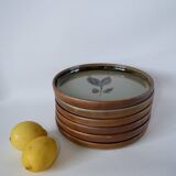Set of 6 flat plates in enameled stoneware with flower pattern, handcrafted 1970