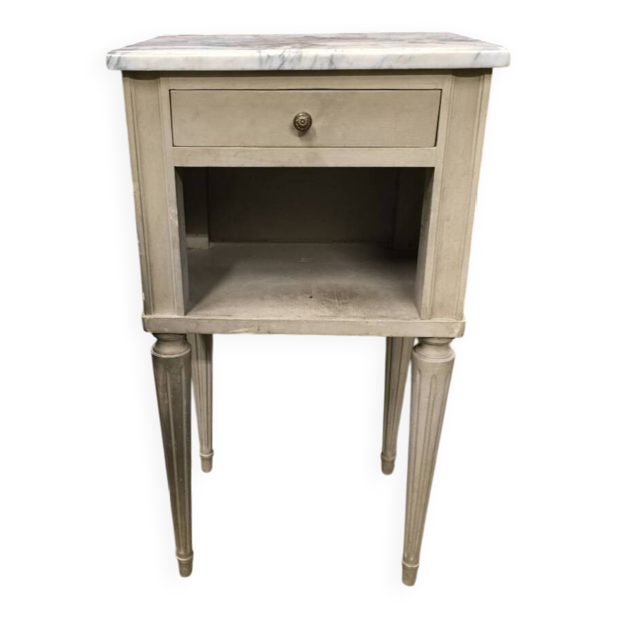 Vintage green patinated bedside table with marble and drawer