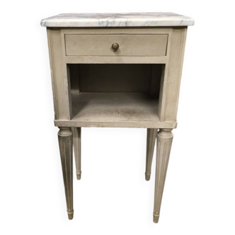 Vintage green patinated bedside table with marble and drawer