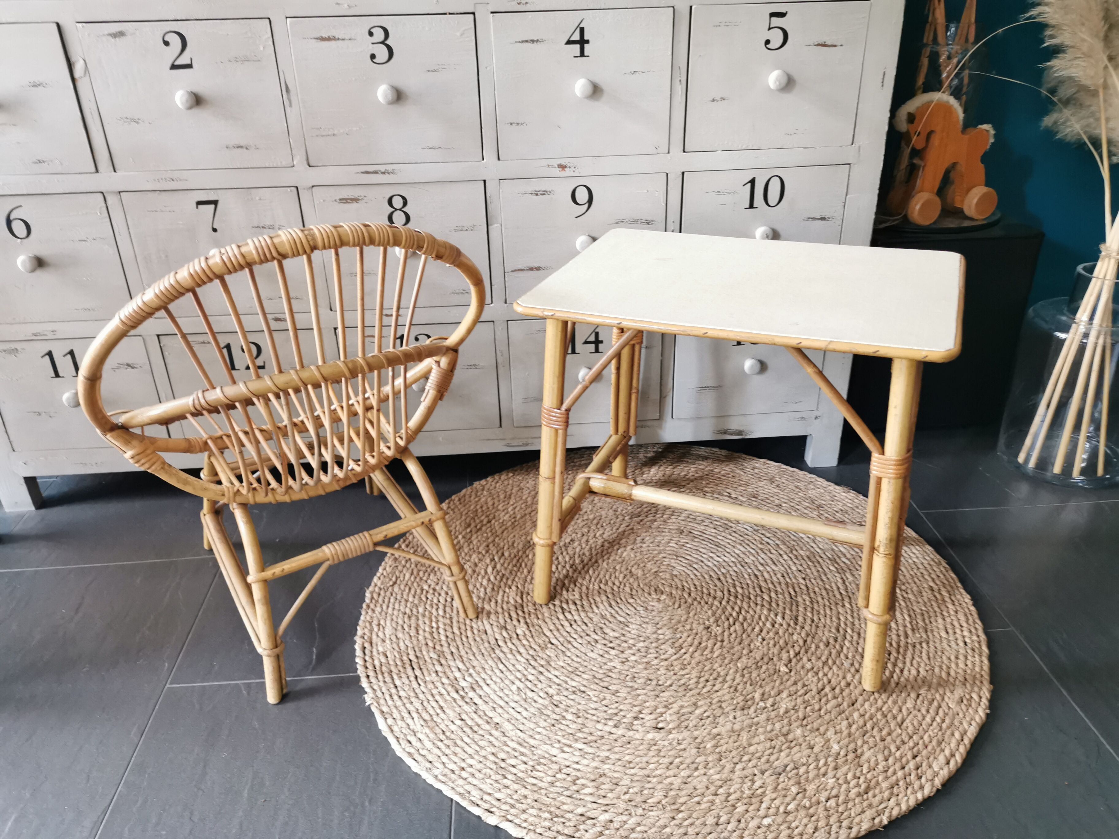 Rattan armchair and table for children