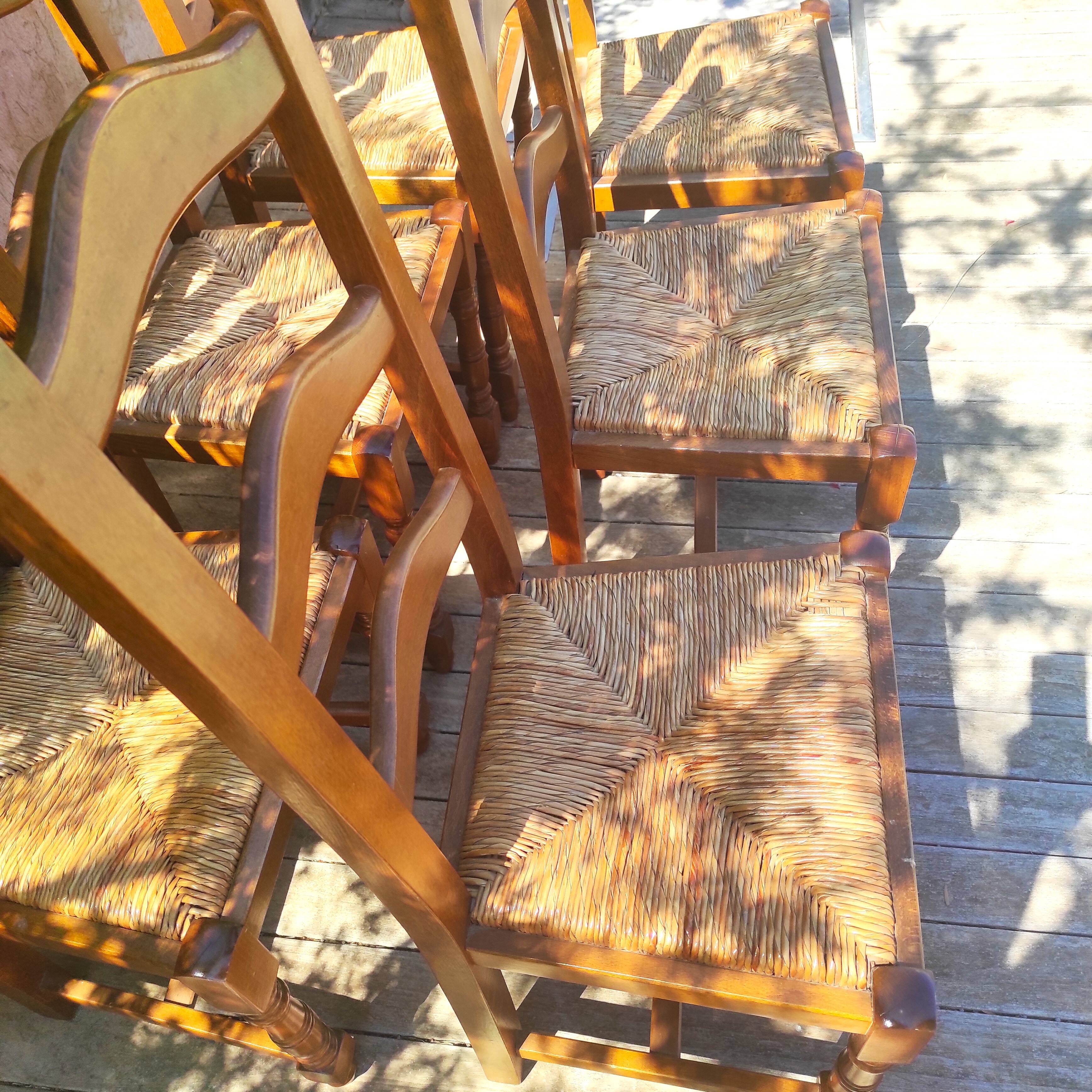 Rustic straw seat wooden chair / 1 set of 6 chairs
