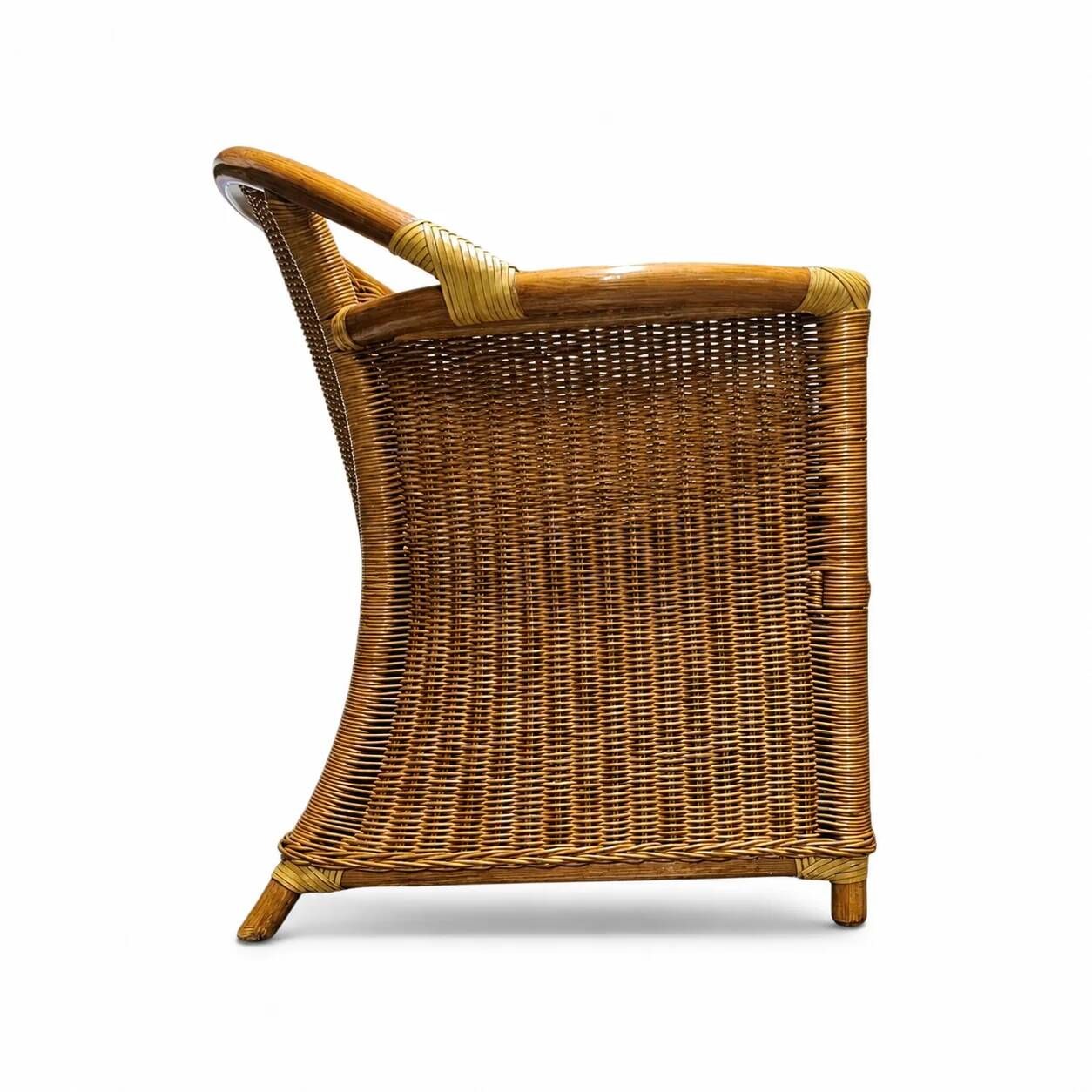 2 x wicker and bamboo patio chair / 1980s / faux suede / alcantara