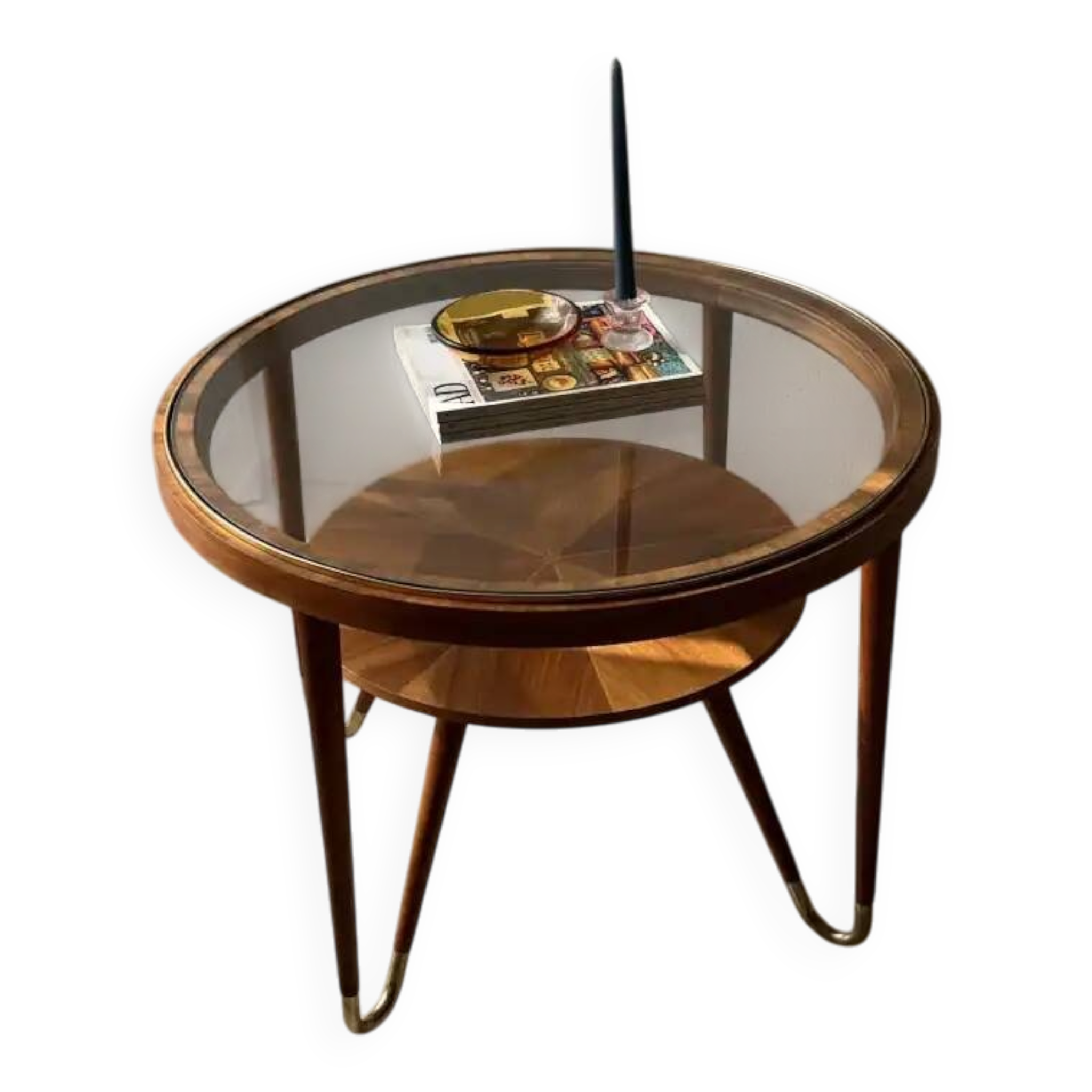 Round walnut coffee table with glass by Ilse Möbel