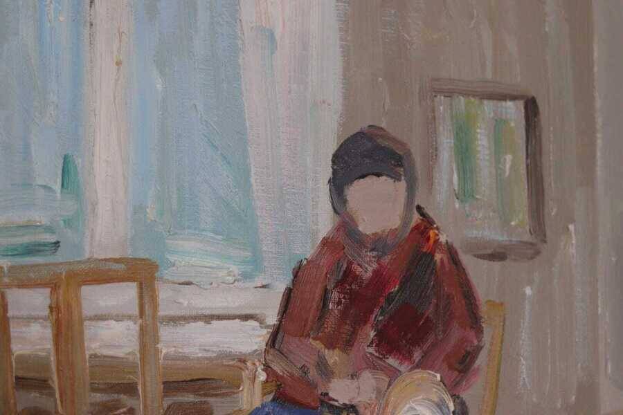 Original Swedish oil on canvas – “Figure in Interior” by Åke Wickström – vintage & framed – 57 × 66 cm