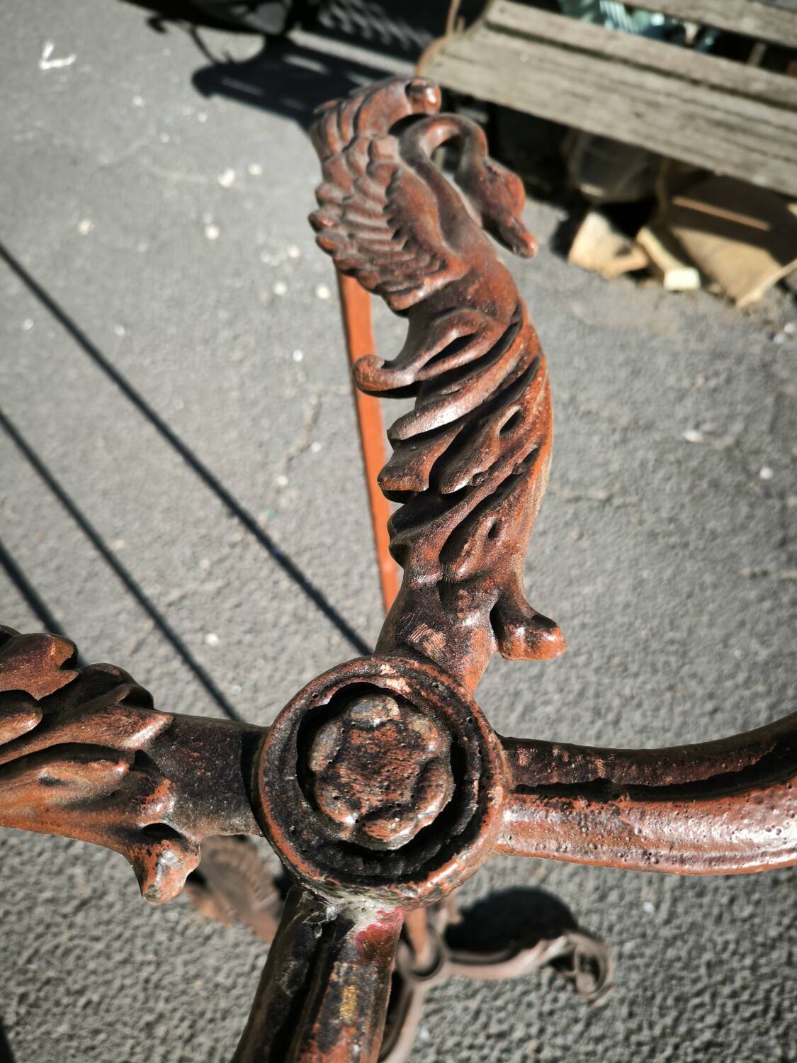 Cast iron and marble swan-neck coffee table