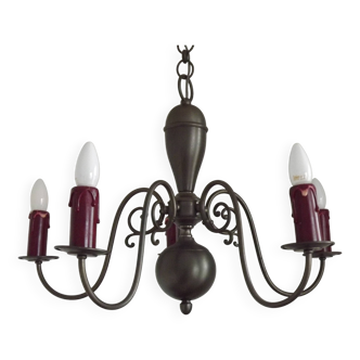 French Vintage Silver Metal 5 Light Flemish Chandelier Red Drips 5181