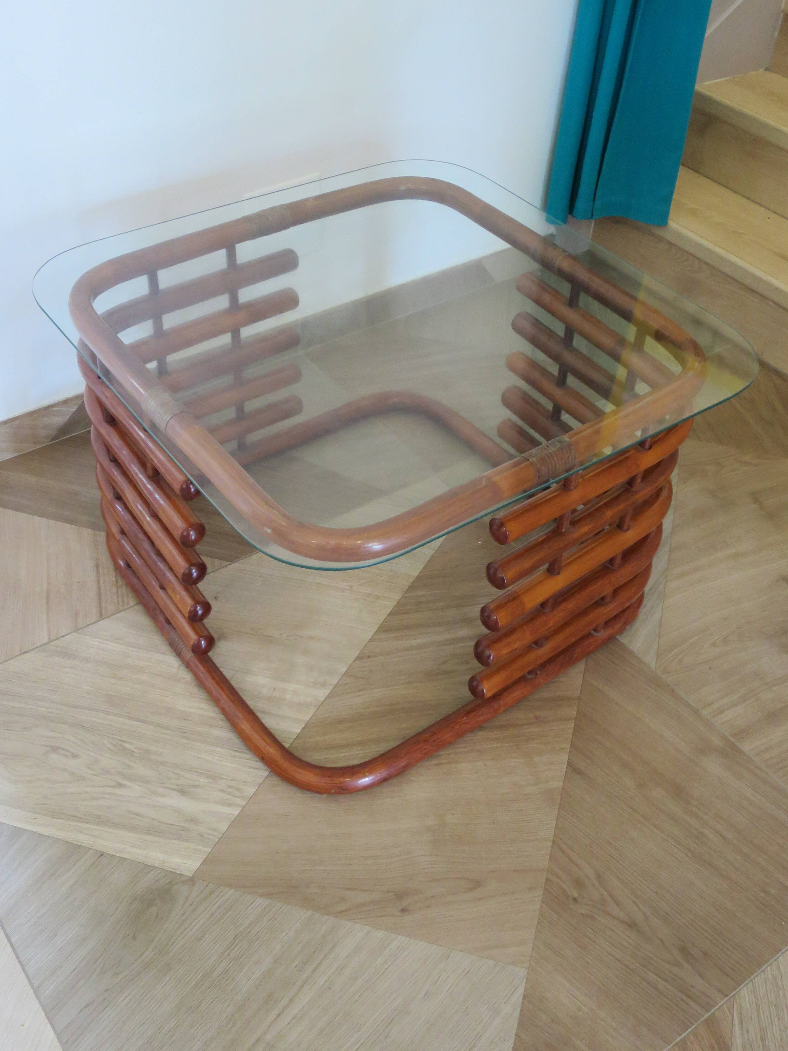Table basse vintage - Bambou rotin et verre - Année 80 - Beau design