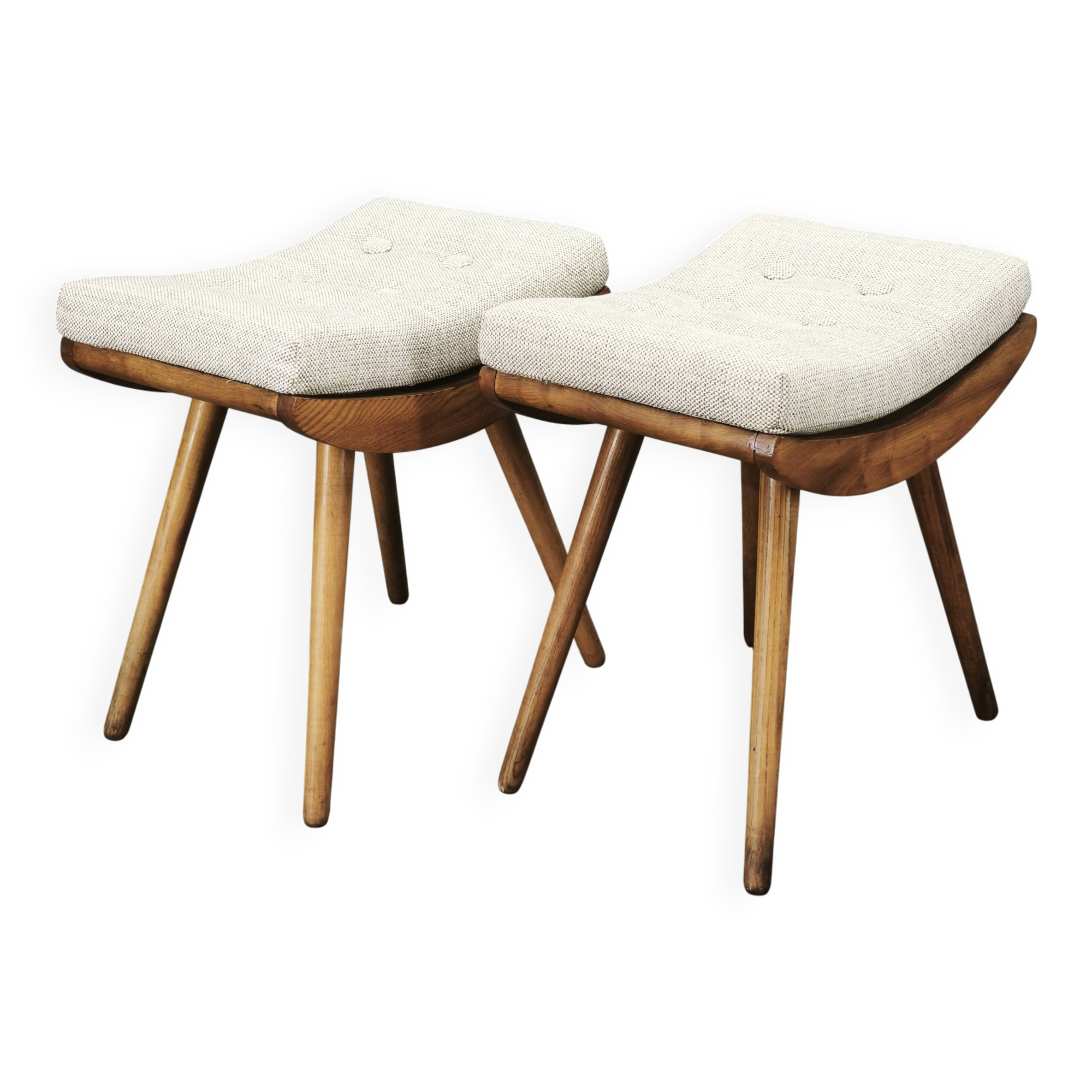 Pair of Mid-Century Beech Stools, Czechoslovakia, 1960s