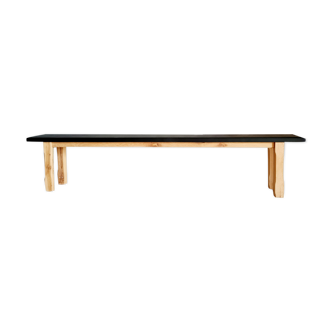 Renovated oak farmhouse bench black seat