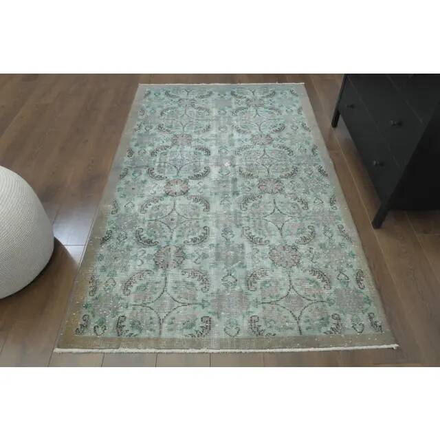 1970s vintage Turkish hand-knotted wool cotton green area rug 196x224