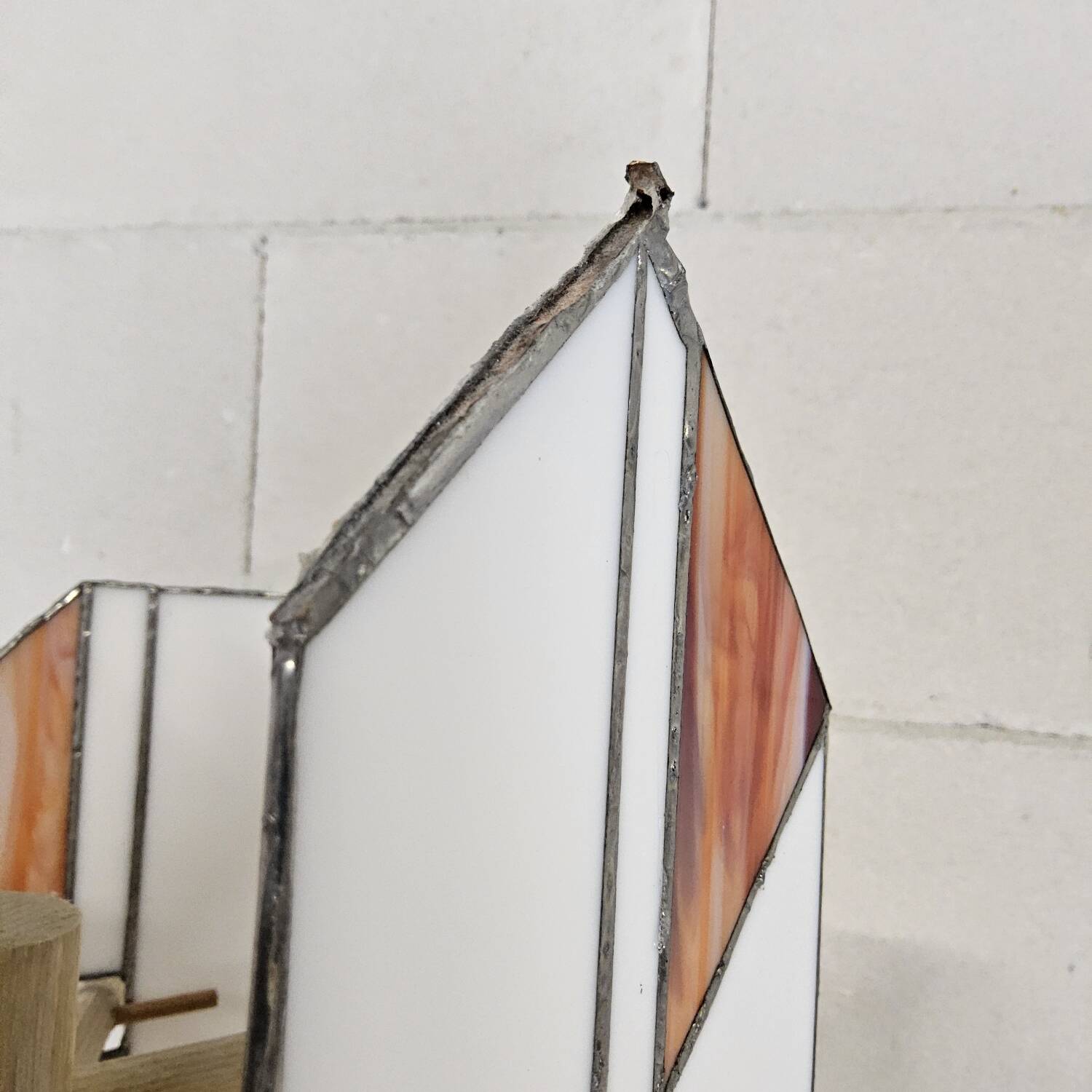 Pine wood floor lamp with handmade stained glass in Japandi style.