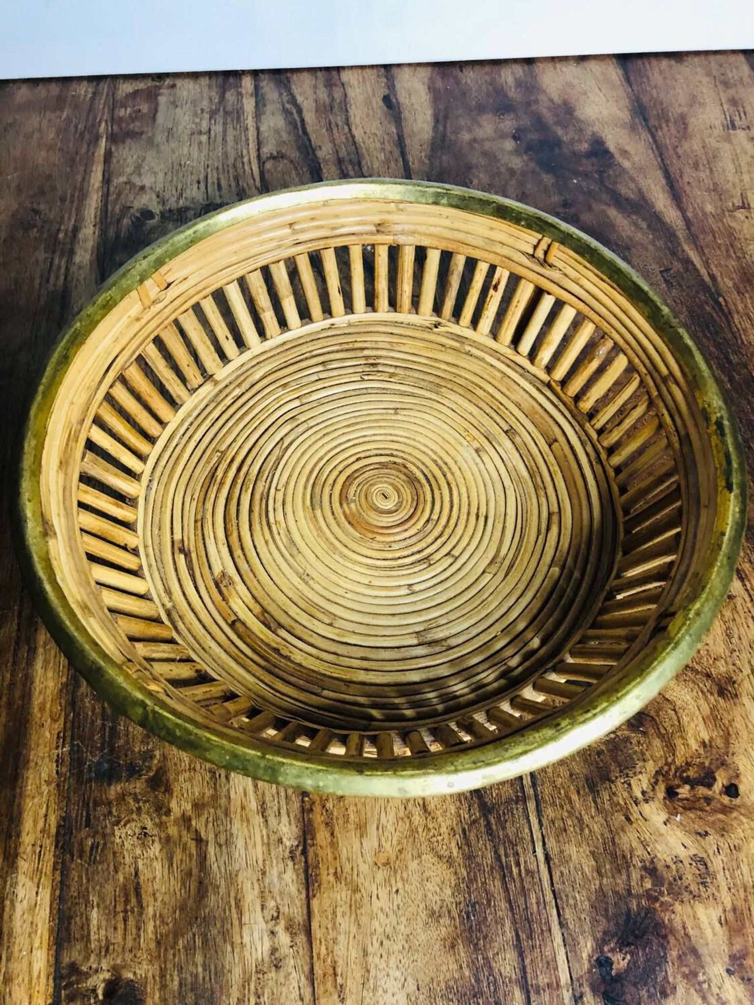 Large rattan and brass basket by Gabriella Crespi. Italy. 1970