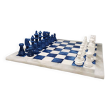 1970s Blue and White Chess Set in Volterra Alabaster Handmade. Made
