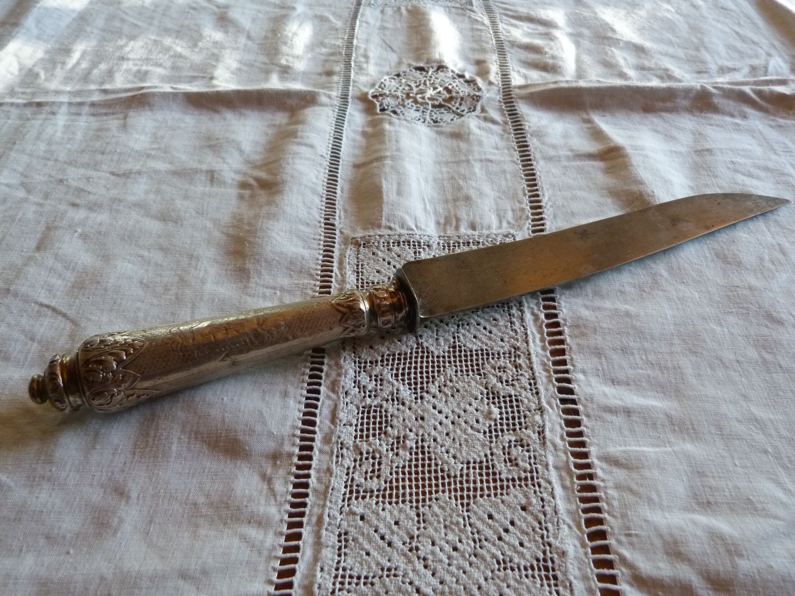 Old meat knife nineteenth century handle silver filled chiseled punch