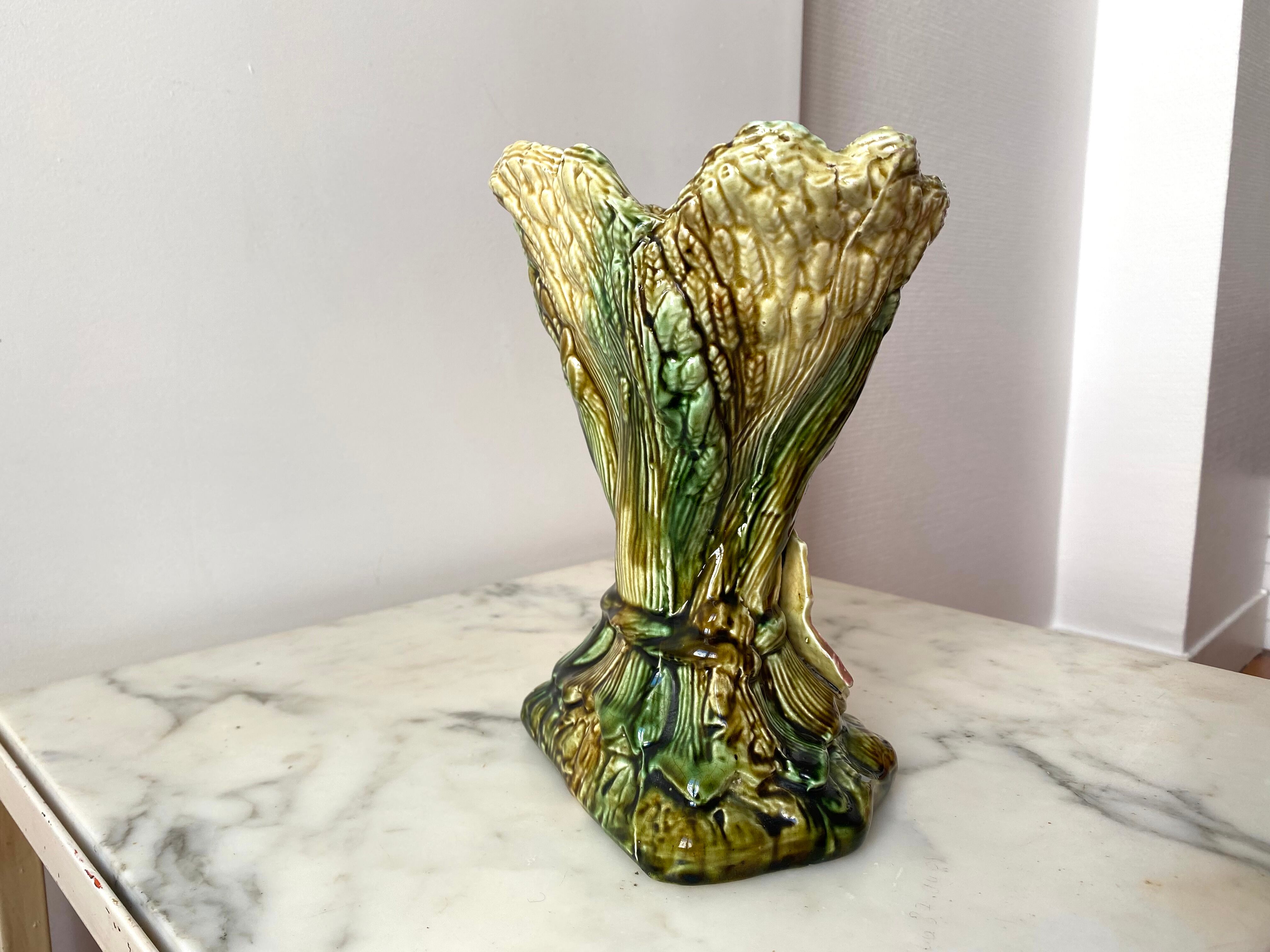 Slip vase majolica sheaves of wheat 30s vintage