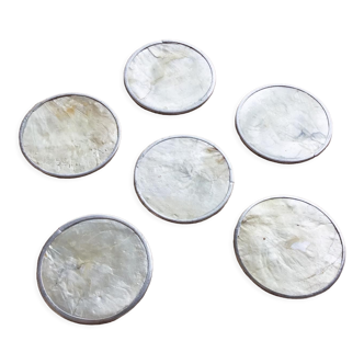 Set of 6 vintage coasters in mother-of-pearl and silver metal