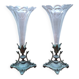 Pair of cornucopia vases in bronze and crystal, 19th century.