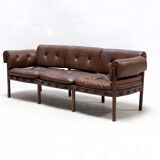 Canapé trois places en palissandre et cuir brun par Sven Ellekaer pour Coja, style scandinave, 75x180x70 cm