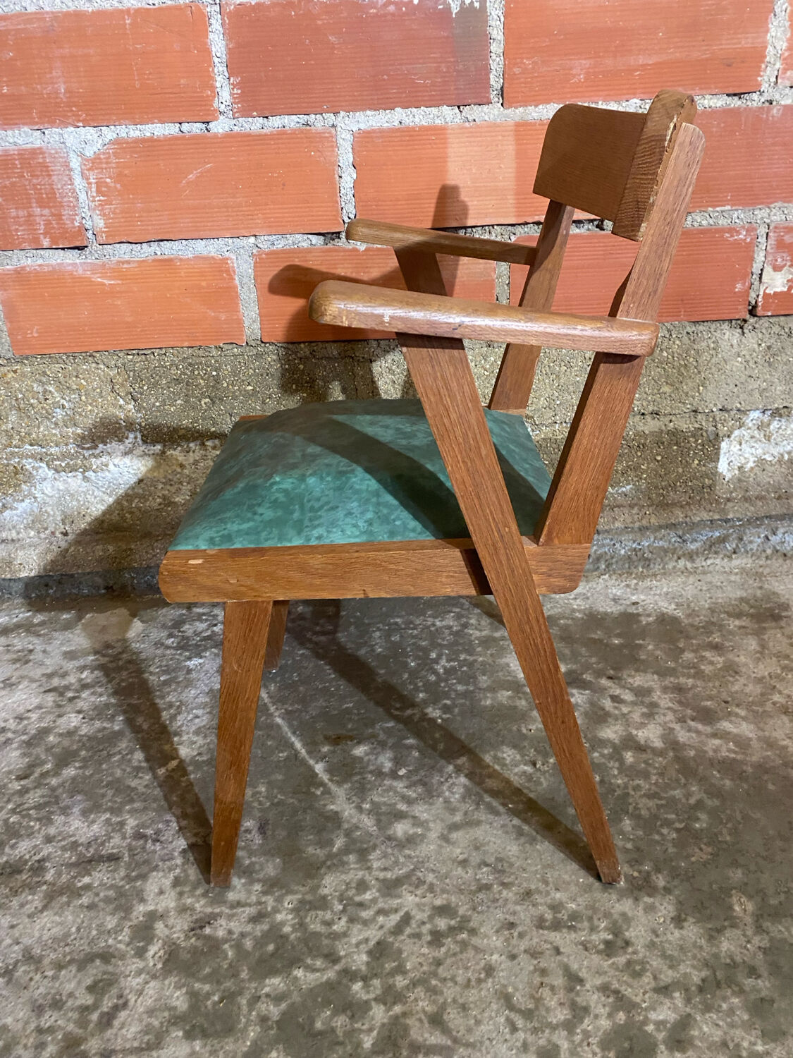 Fauteuil Bridge Ancien Pieds Compas & Skaï Vert Années 1960 Vintage #D