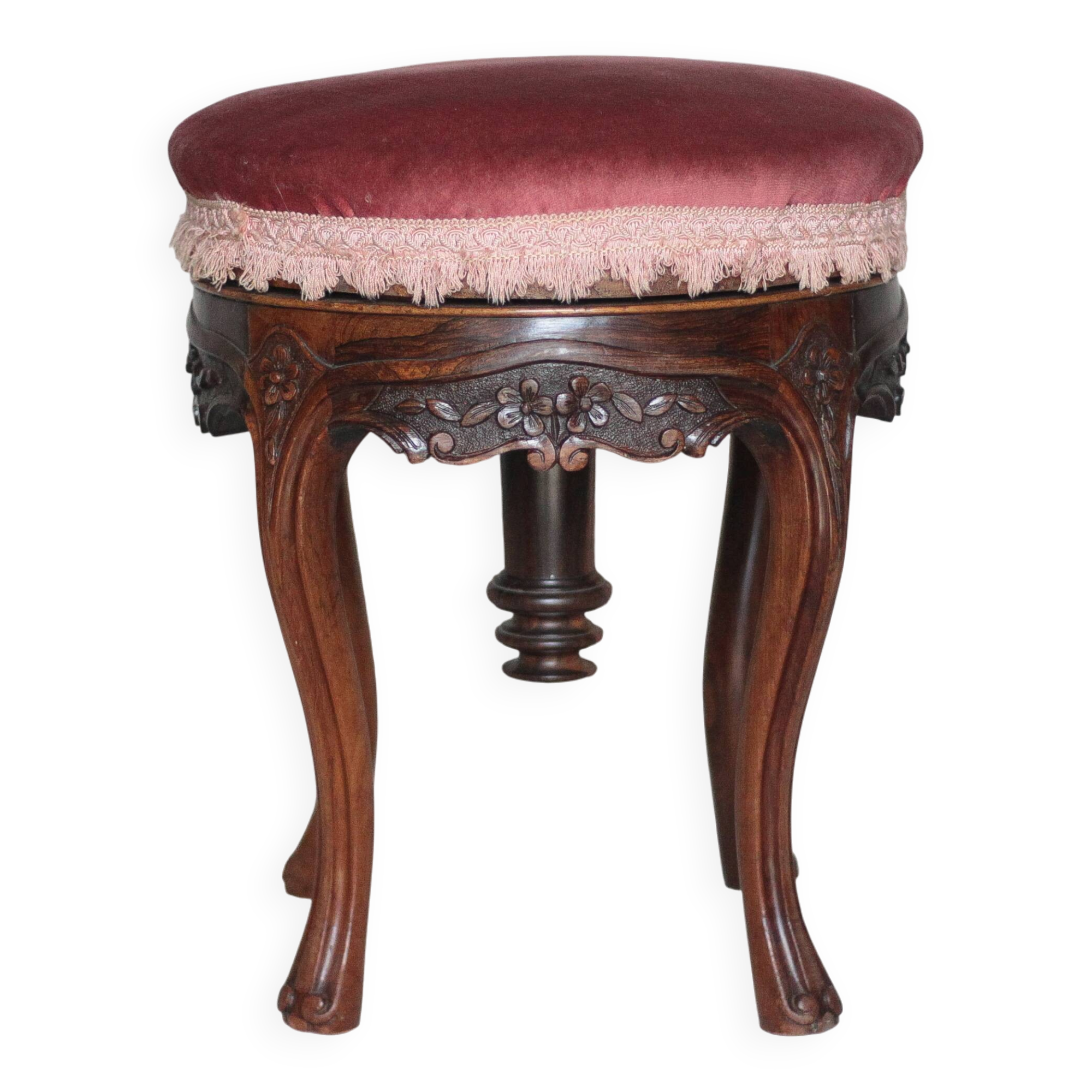Victorian style stool, wooden and pink velvet stool, piano stool