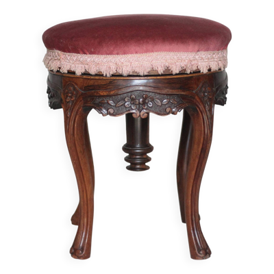 Tabouret victorien style, tabouret bois et velours rose, tabouret de piano