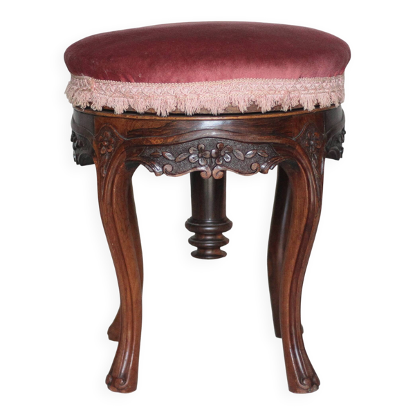 Tabouret victorien style, tabouret bois et velours rose, tabouret de piano
