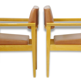 Pair of chairs 1950 Brown leatherette & oak vintage 50's