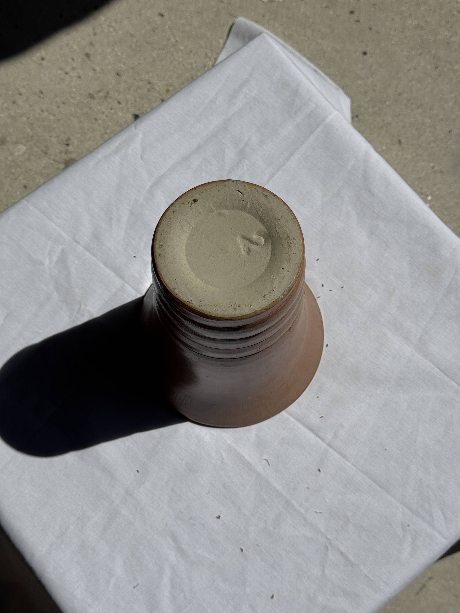 Vintage ceramic vase in glazed brown-orange with stripes H21.5 D19